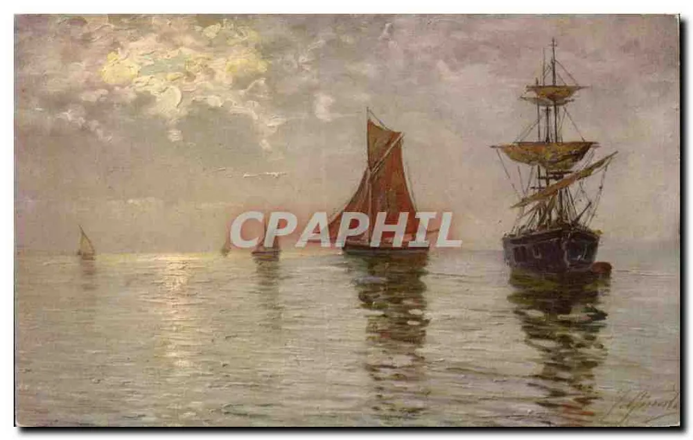 Cena marítima — barcos a vela ao entardecer — editor anônimo, número de série não visível - Frente