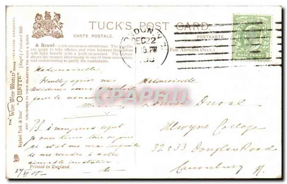 Bronca — Brawl entre bandits — Tuck's Post Card - Verso