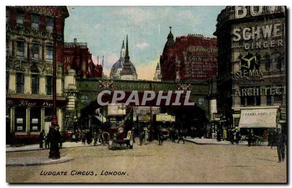 Ludgate Circus, Londres — vista urbana com edifícios e lojas — série comercial J.W.B. Londres, n°405 - Frente
