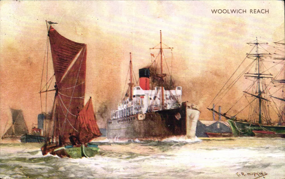 Woolwich Reach — vista marítima com vapor e barcos a vela — F.R. Hopkins — editor J. Salmon Ltd. n°3892 - Frente