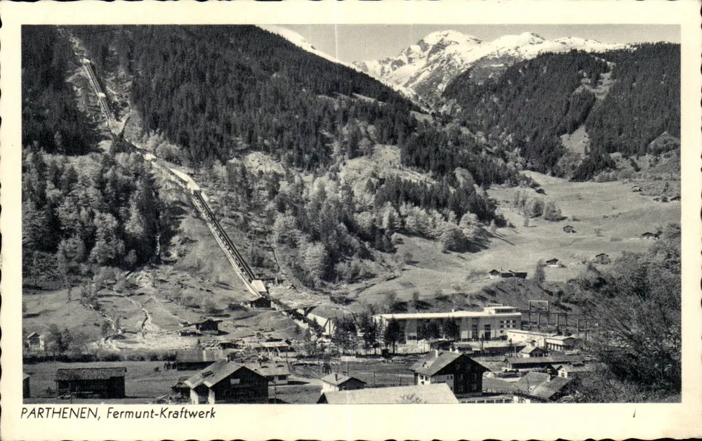 Parthenen, Fermunt-Kraftwerk — widok zbiornika i wsi — wydawca Kiladruck, nr 7322 - Awers