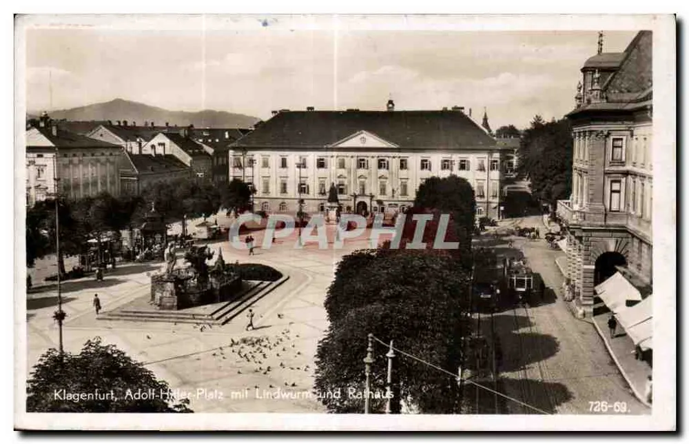 Klagenfurt, Adolf-Hiller-Platz mit Lindwurm und Rathaus — Frank-Verlag Graz, n° 726-69 - Vorderseite
