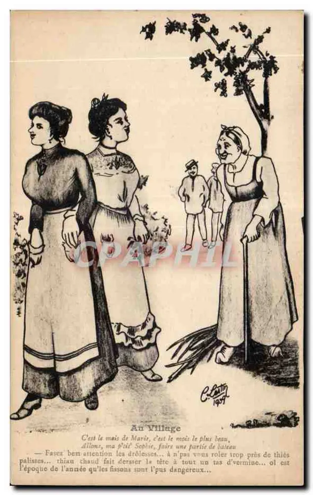 No Village — cena de aldeia com três mulheres e uma criança — desenho de C. Lattin 1907 - Frente