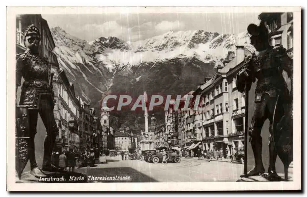 Innsbruck, Maria Theresienstrasse — Ansicht der Straße mit Statuen und schneebedeckten Bergen — Verlag Tiroler Kunstverlag, Chizzzall - Vorderseite
