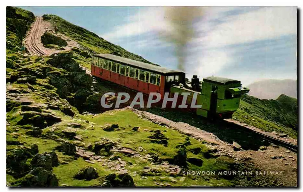 स्नॉव्डन माउंटेन रेलवे — लाल और हरे रंग के भाप ट्रेन — जे. सैलमन कैमेराकलर - आगे