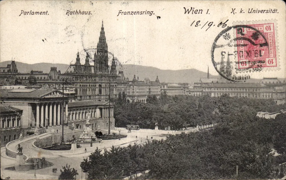 Parlament. Rathaus. Franzensring. Wien I. — X. k. Universität. — K. Ledermann, Nr. 6634 - Vorderseite
