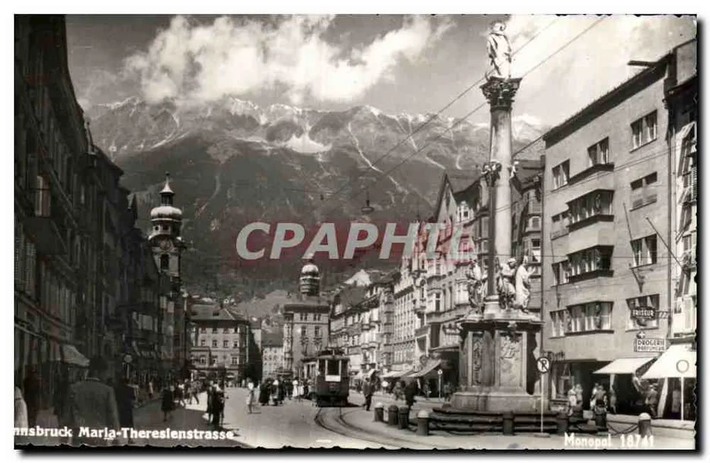 Innsbruck - Mariahilferstraße — vista de la plaza con columna monumental y montañas en el fondo — Monopol 18741 - Anverso