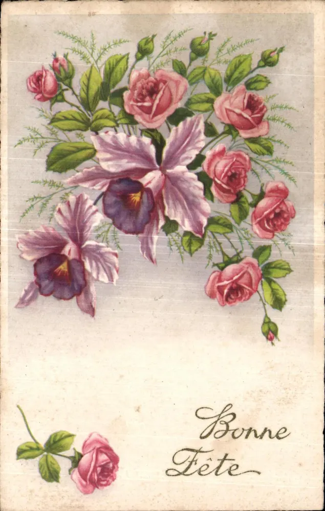 Blumenstrauß aus Rosen und Orchideen — Frohe Geburtstagskarte — In Frankreich gedruckt - Vorderseite