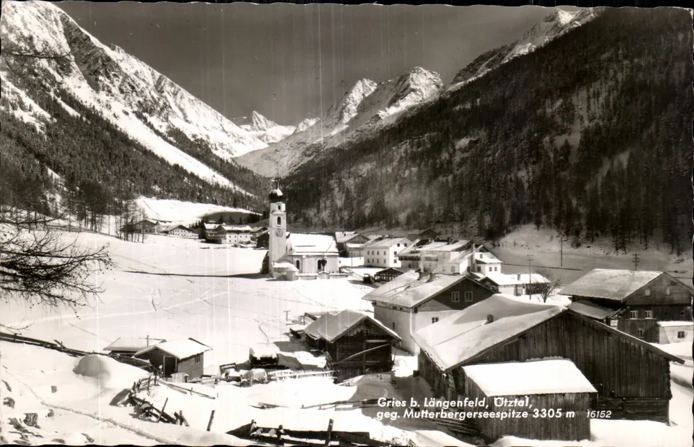 Gries bei Längenfeld, Otztal — winterliche Ansicht mit Kirche — Nr. 16152 - Vorderseite