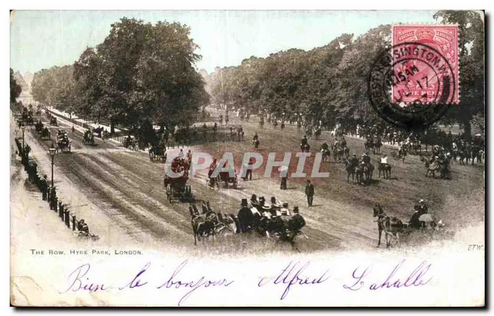 The Row, Hyde Park, Londres — vista animada com carruagens e cavaleiros — editor CTFW, número de série não visível - Frente