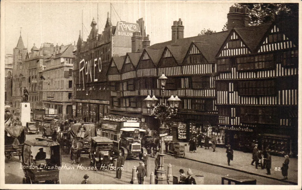 London. Elizabethan Houses, Holborn — Straßenszene mit Holzbalkenhäusern und Schild 'RONEO BUILDING' — J. Beagles & Co. Ltd., n°82 - Vorderseite