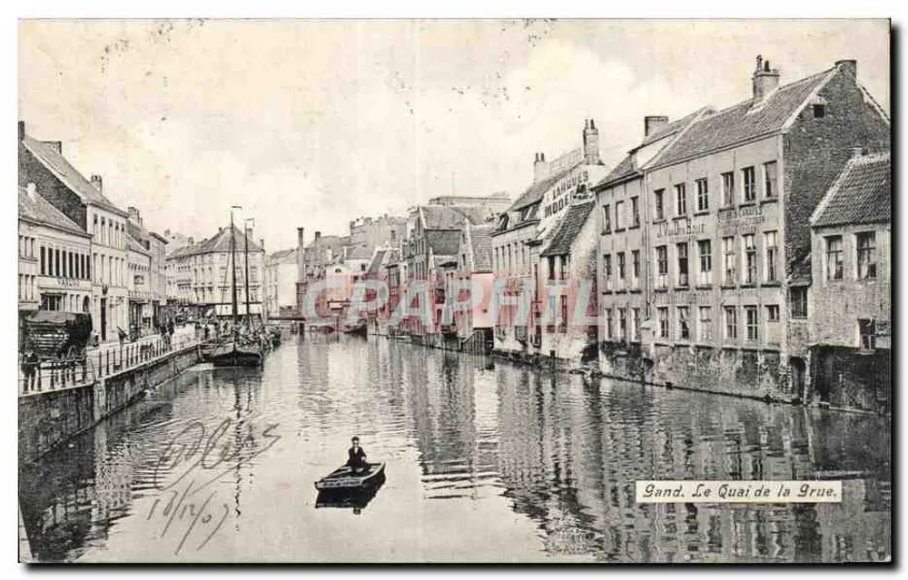 Gand. O Quai de la Grue — visão do canal com barco e edifícios — editor não identificado - Frente