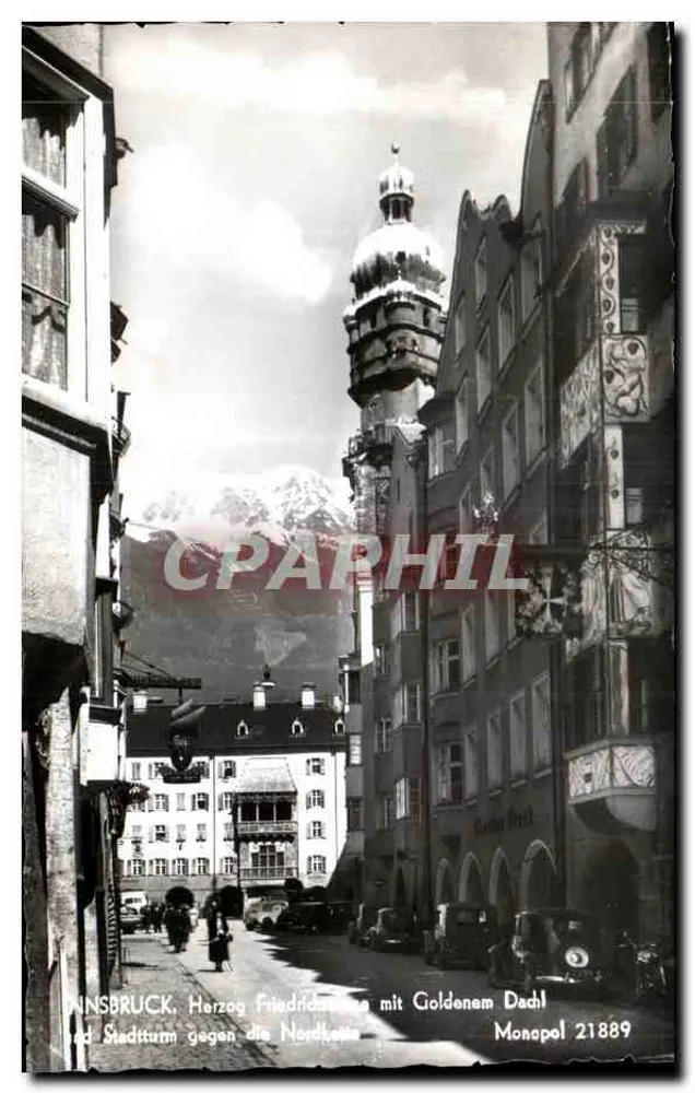 Innsbruck, Herzog Friedrichsstraße mit Goldenem Dachl und Stadtturm gegen die Nordkette — Monopol 21889 - Vorderseite