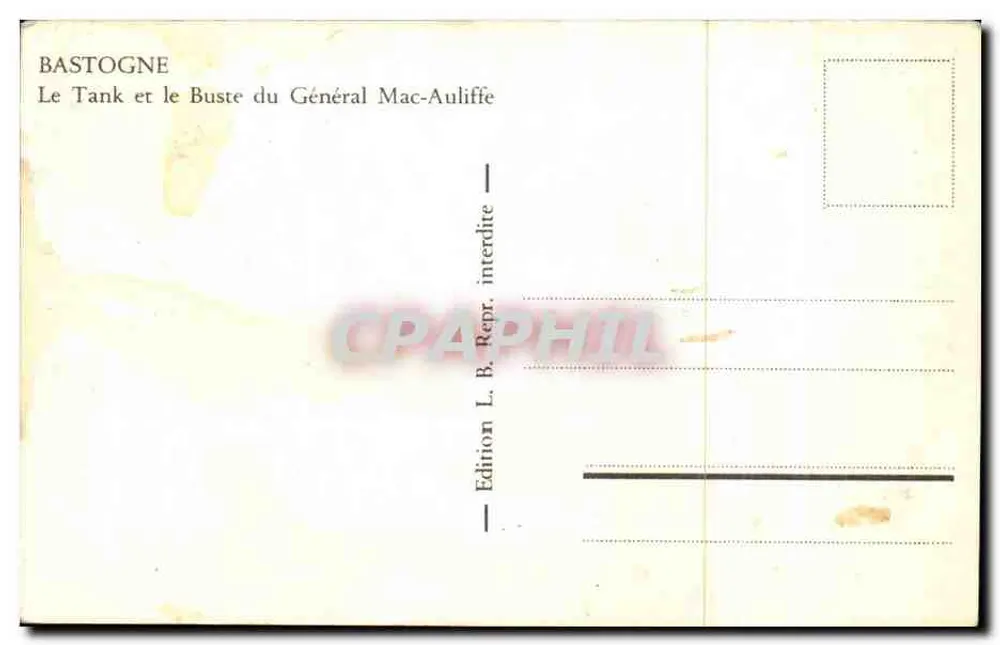 Bastogne — El Tanque y el Busto del General Mac-Auliffe — Edición L.B. - Reverso
