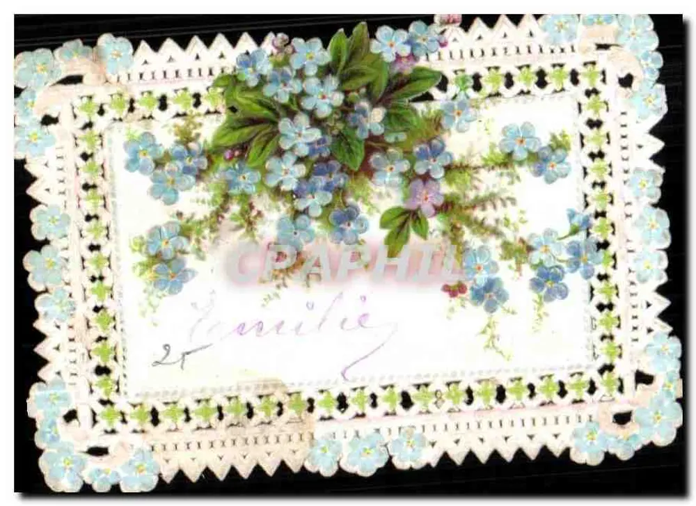 Flores de esquecimento — decoração de renda e flores azuis — - Frente