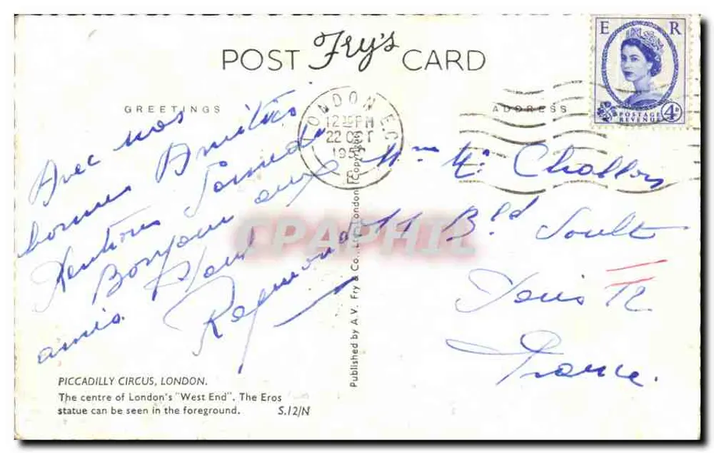 Piccadilly Circus — Londres — editor Fry's Card, n° S.12/N - Verso