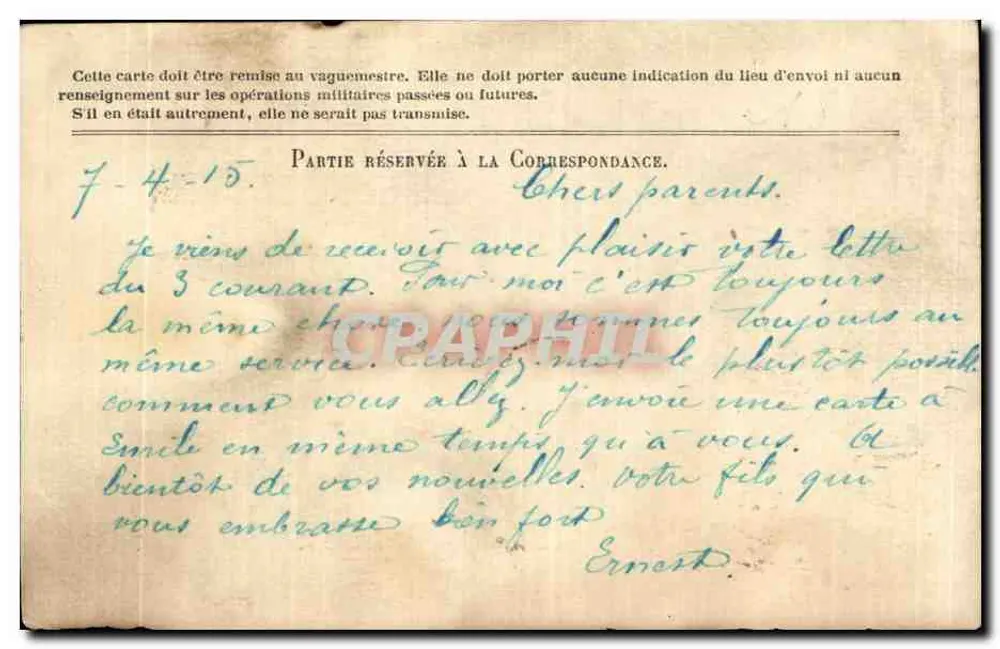 Correspondenz der Armee der Republik — Freiporto-Karte — Stéras Gratter - Rückseite