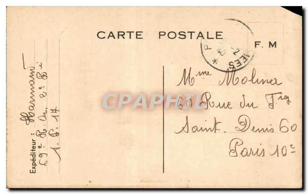 Ansichtskarte von Saint-Denis — an Paris gesendet — Verlag F.M. und Poststempel - Vorderseite