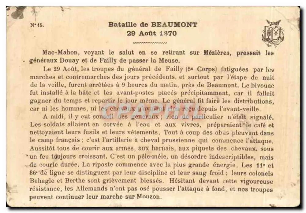 Schlacht bei BEAUMONT — Angriff der 5. Kürassiere — Verlag: G. Ferron, n°15 - Rückseite