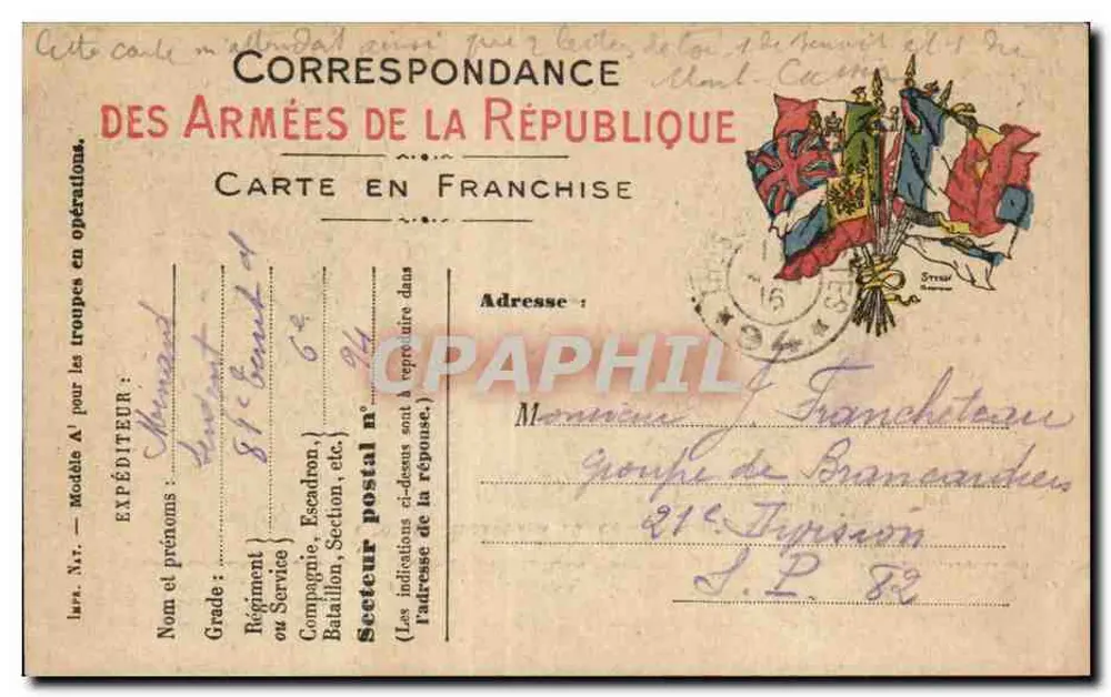Korrespondenz der Armee der Republik — Freikarte — 1916 - Vorderseite