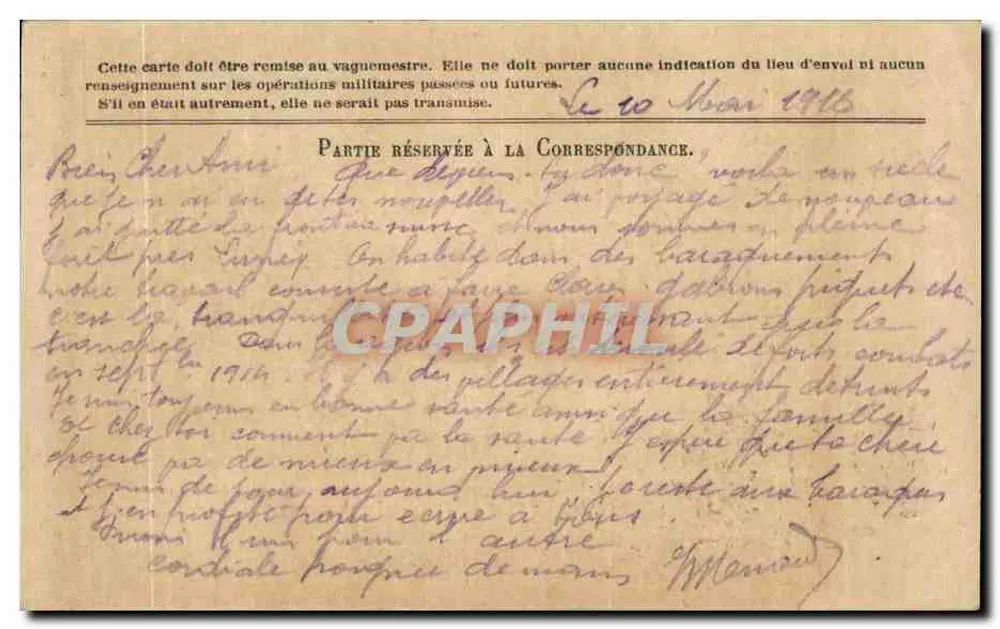 Korrespondenz der Armee der Republik — Freikarte — 1916 - Rückseite