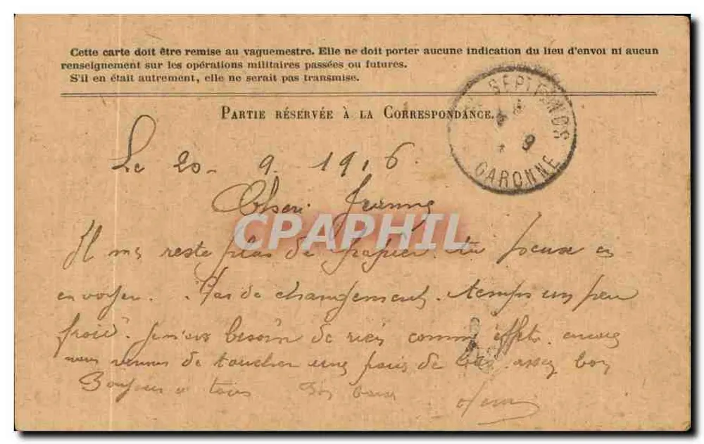 Korrespondenz der Armee der Republik — Freikarte — Postsektor 71 — Bahnhof Septfons - Rückseite