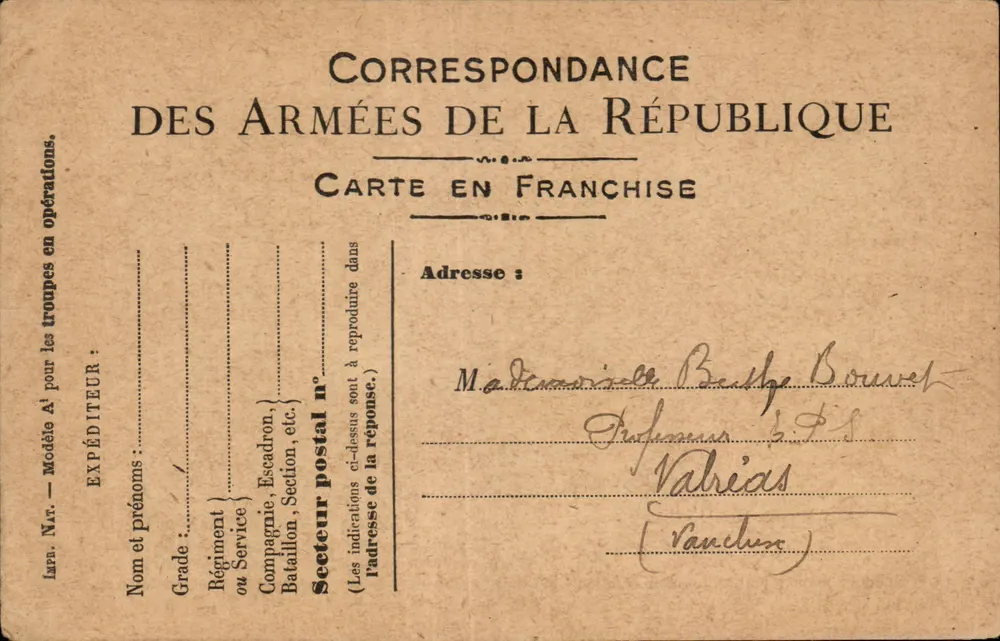 Korrespondenz der Armee der Republik — Freiporto — Absender in Operationen — Adresse an Valrias (Vandœuvres) - Vorderseite