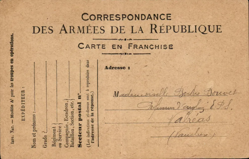 Korrespondenz der Armee der Republik — Freiporto — Modell A' — datiert 7. Juli 1916 - Vorderseite