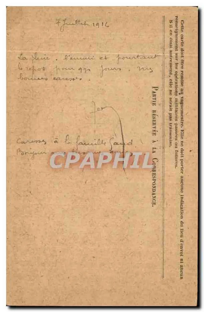 Korrespondenz der Armee der Republik — Freiporto — Modell A' — datiert 7. Juli 1916 - Rückseite