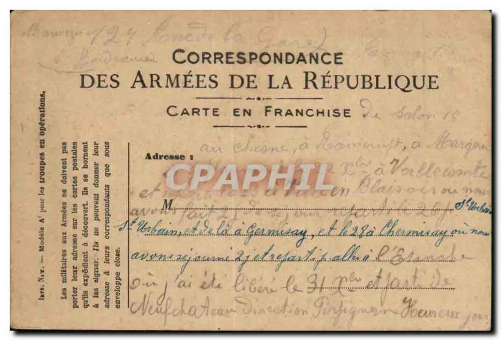 Korrespondenz der Armee der Republik — Freiporto-Karte — Modell Nr. 2 - Vorderseite