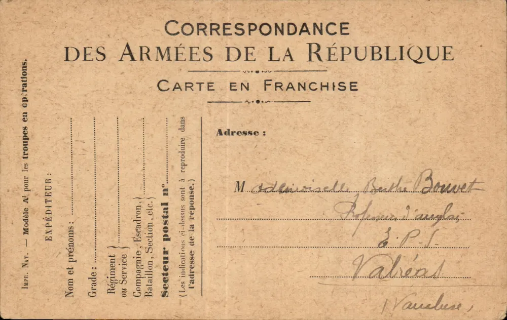 Korrespondenz der Armee der Republik — Freiporto-Karte — datiert 27. Februar 1916 - Vorderseite
