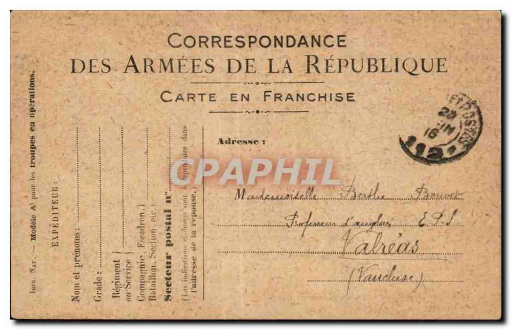 Korrespondenz der Armee der Republik — Freiporto — Versand aus Valréas (Vaucluse) um 1916 - Vorderseite