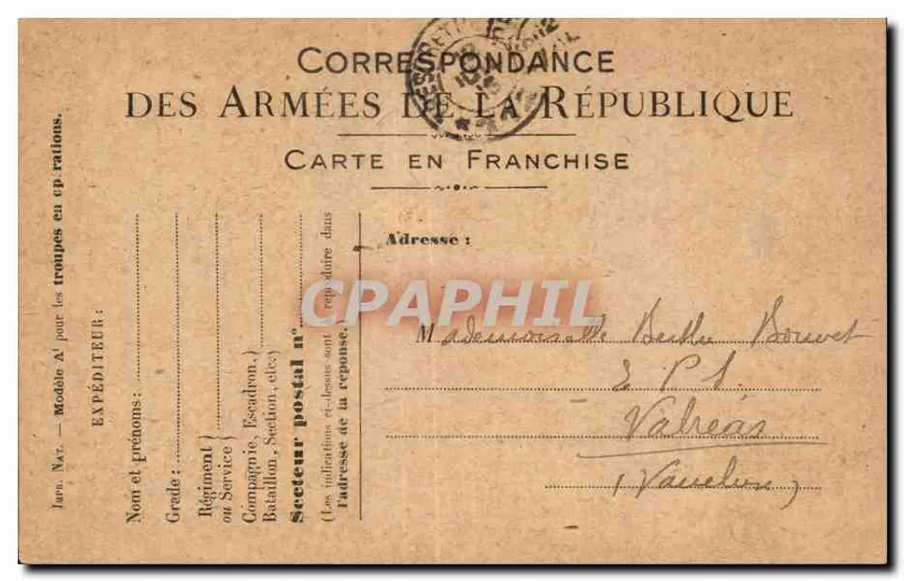 Korrespondenz der Armee der Republik — Freikarte — versandt um 1916 - Vorderseite