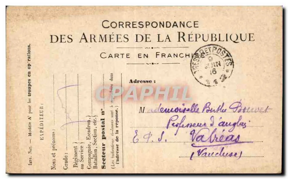 Korrespondenz der Armee der Republik — Freiporto — datiert 8. Juni 1916 — an M. de la Proue in Valriac (Aude) - Vorderseite
