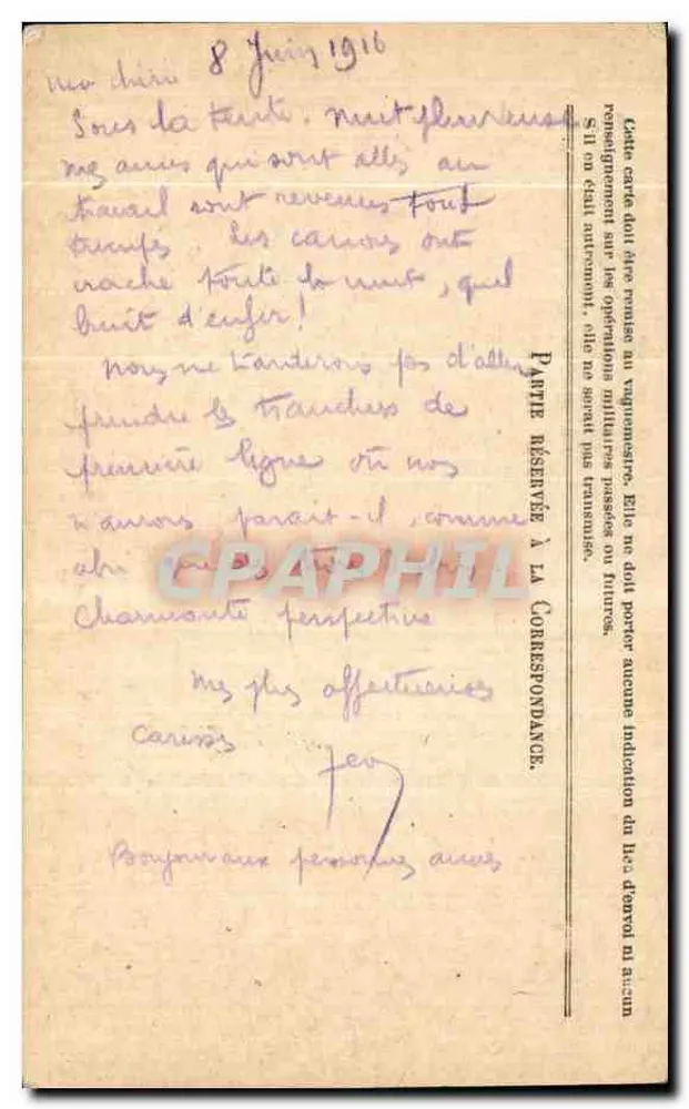 Korrespondenz der Armee der Republik — Freiporto — datiert 8. Juni 1916 — an M. de la Proue in Valriac (Aude) - Rückseite