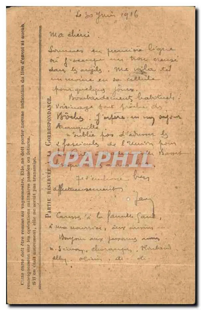 Korrespondenz der Armee der Republik — Karte in Freiheit — datiert 30. Juni 1916 — an Madame Belle Bouvet in Valréas (Vaucluse) - Rückseite