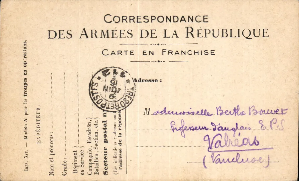 Korrespondenz der Armee der Republik — Ansichtskarte in Franchise — gesendet von Valréas (Vaucluse) um 1916 - Vorderseite