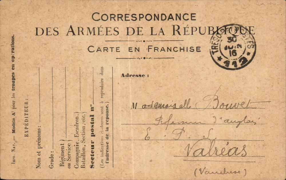 Correspondance des Armées de la République — Ansichtskarte in Freimarkt — Tresmes, 30. Juni 1916 - Vorderseite