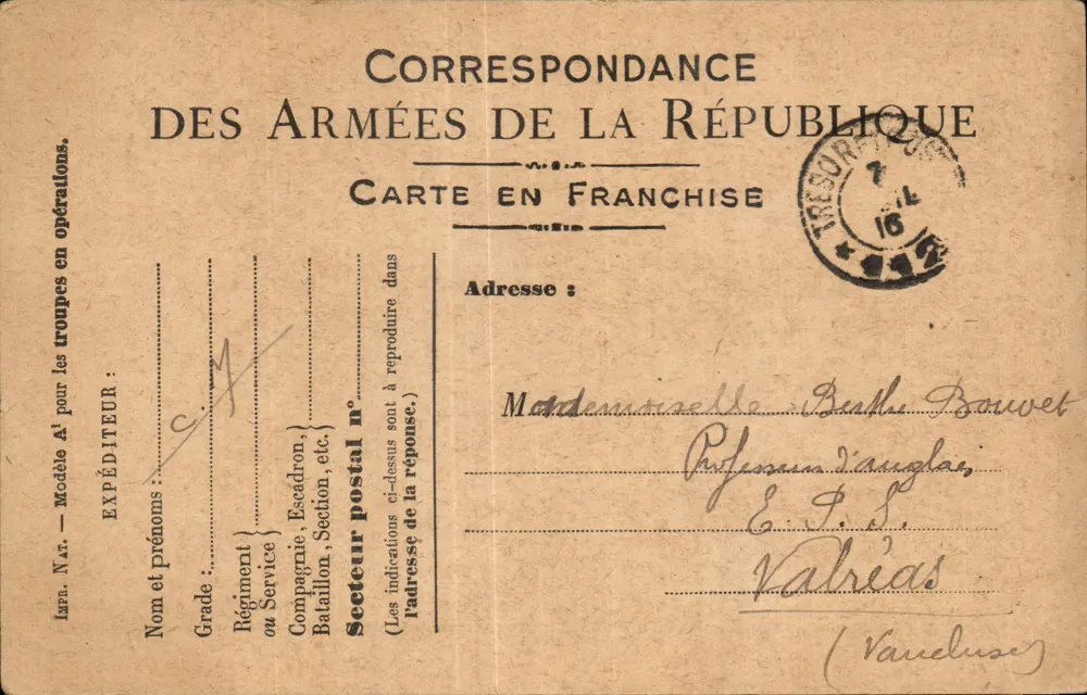 Korrespondenz der Armee der Republik — Freipostkarte — Absender im Einsatz — datiert 5. Juli 1916 - Vorderseite