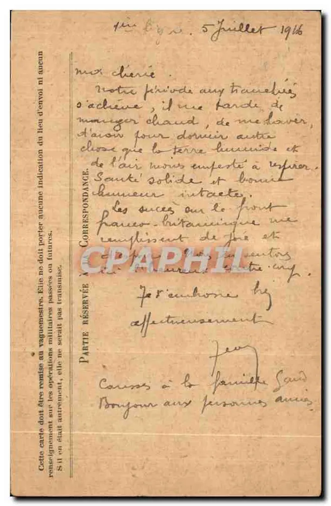 Korrespondenz der Armee der Republik — Freipostkarte — Absender im Einsatz — datiert 5. Juli 1916 - Rückseite