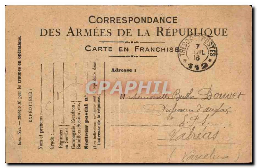 Korrespondenz der Armee der Republik — Freiporto — Tresor Postes 7 IL 142 - Vorderseite