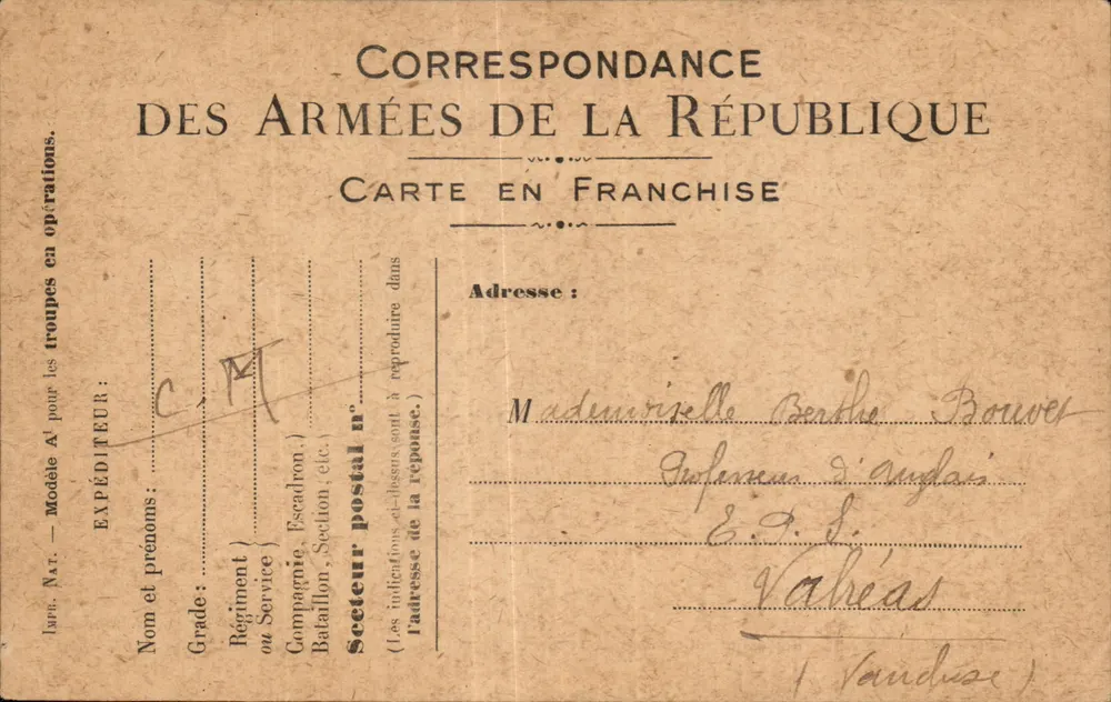 Correspondence der Armées der Republik — Freikarte — datiert 29. Juni 1916 - Vorderseite