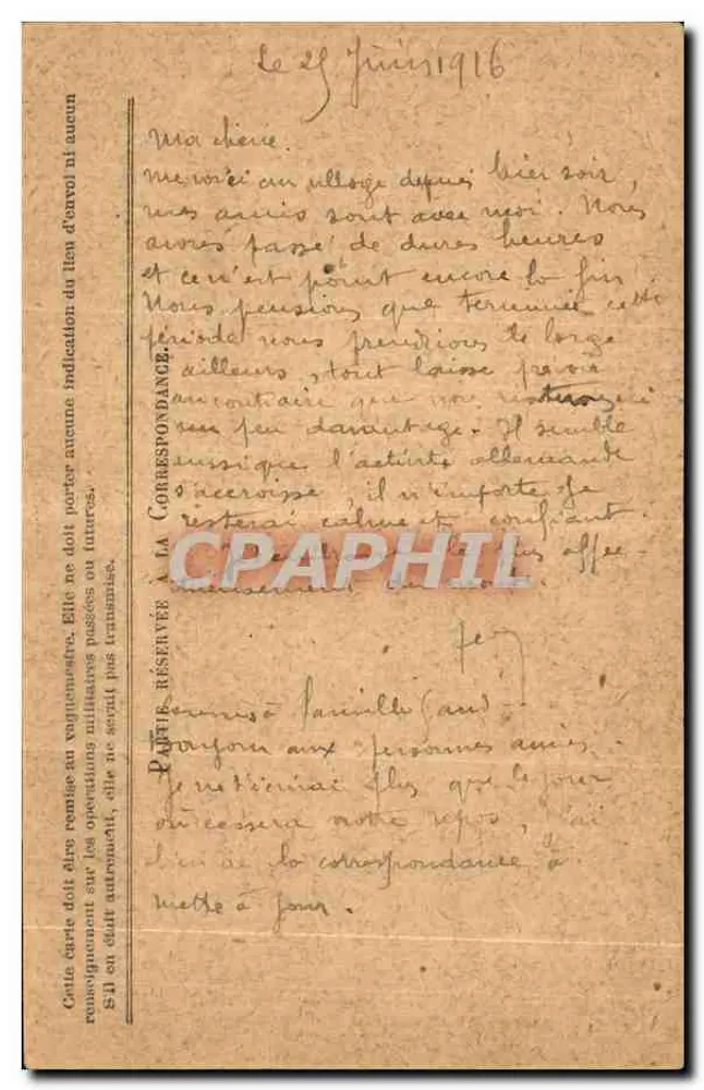 Correspondence der Armées der Republik — Freikarte — datiert 29. Juni 1916 - Rückseite