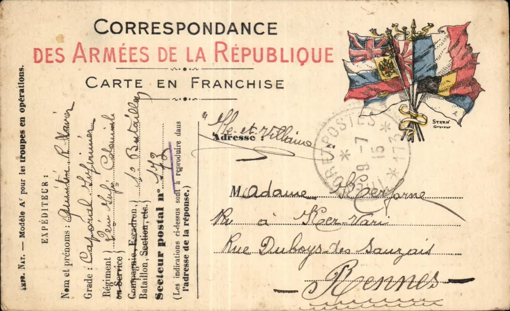 Correspondência das Forças da República — Carta em franquia — Gravura de Stern - Frente
