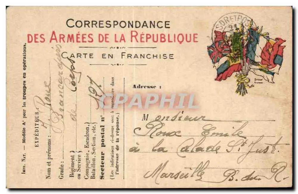 Correspondência das Forças da República — Carta em franquia — Soldado para seus pais - Frente