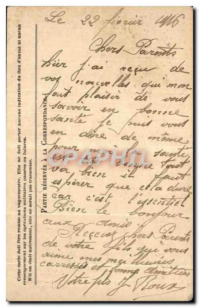 Correspondência das Forças da República — Carta em franquia — Soldado para seus pais - Verso