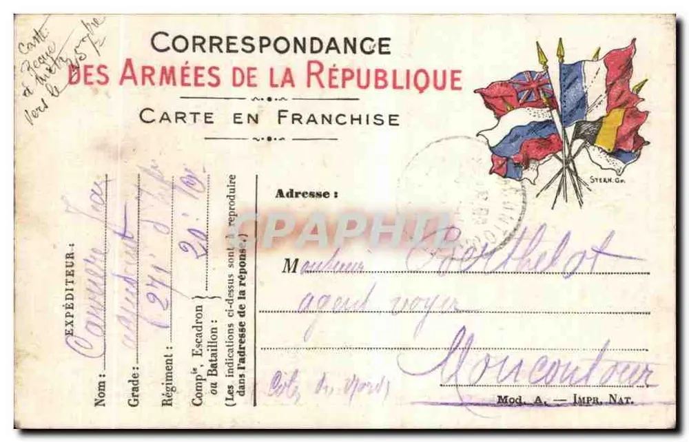 Korrespondenz der Armee der Republik — Freiporto-Karte — Absender: Carrédu (24. Eskadron) — Empfänger: M. Borthelot - Rückseite