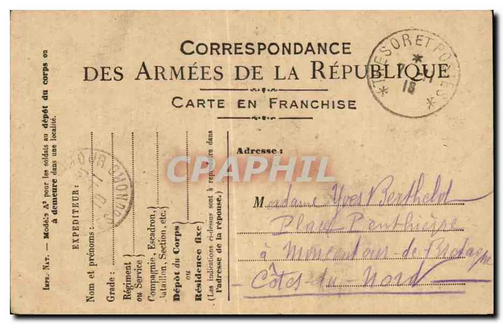 Correspondance der Armées der Republik — Freikarte — Soretpo - Vorderseite