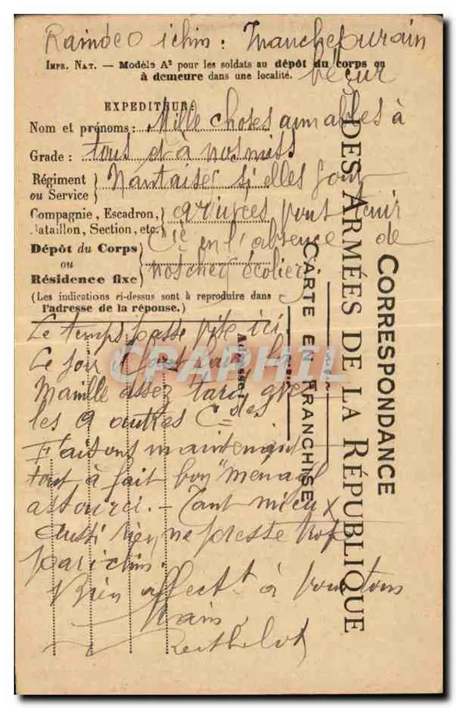 Carta de correspondência militar — Raimond Chéris - Tranchefourain — Impr. Nat. — Carta em franquia das forças da República - Frente