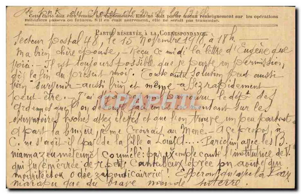 Carta de correspondência militar — Raimond Chéris - Tranchefourain — Impr. Nat. — Carta em franquia das forças da República - Verso